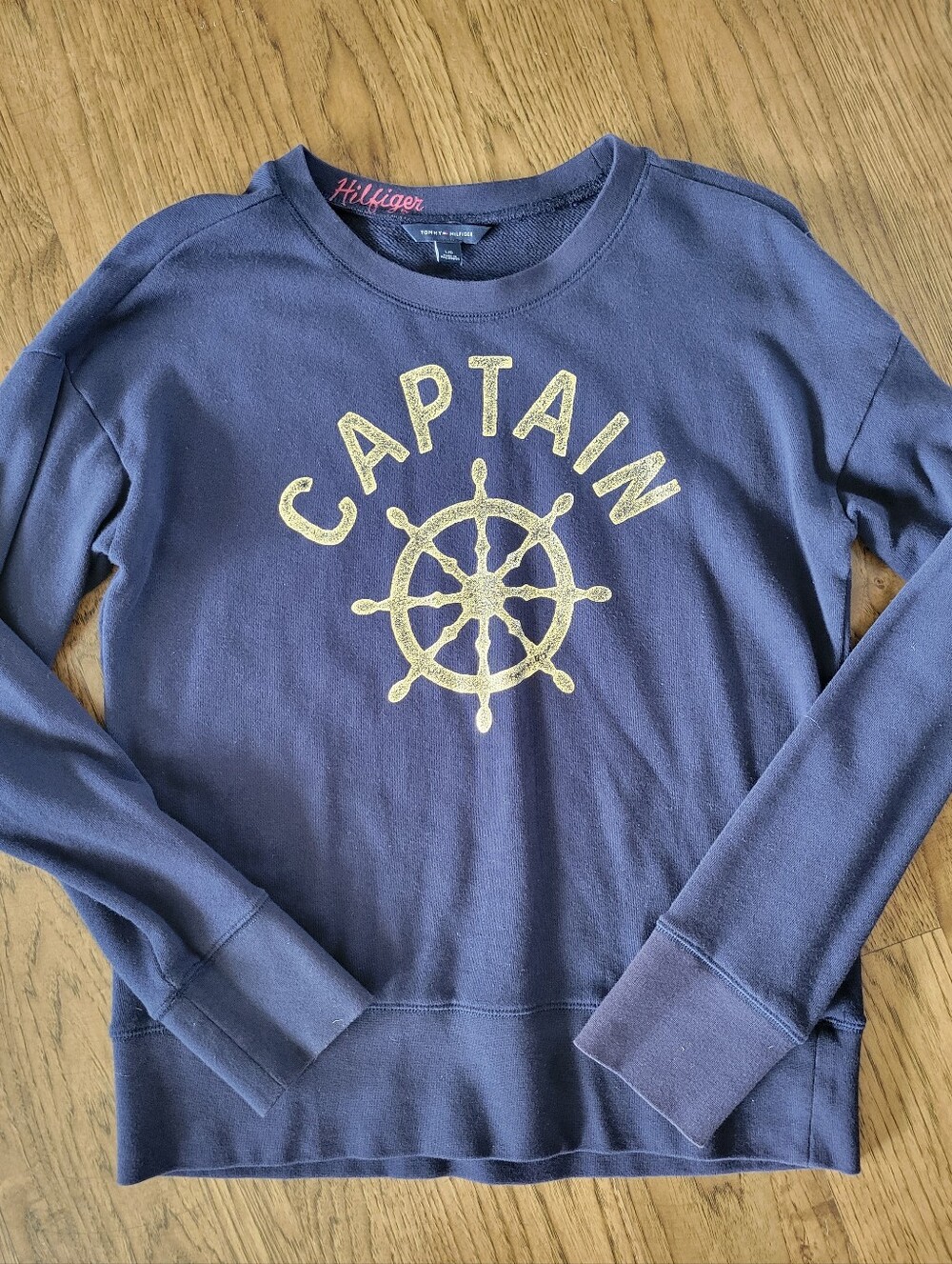 Tommy Hilfiger Navy "Captain" Sweatshirt with Gold Graphic, Large